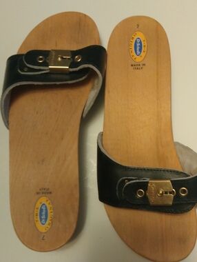 Dr. Scholl's Black Leather Slide Mules with Gold-Tone Buckle